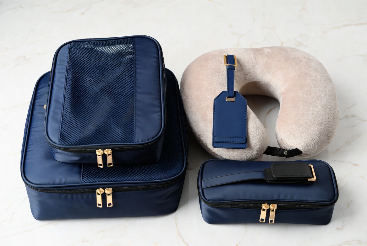 Travel accessories flat lay
